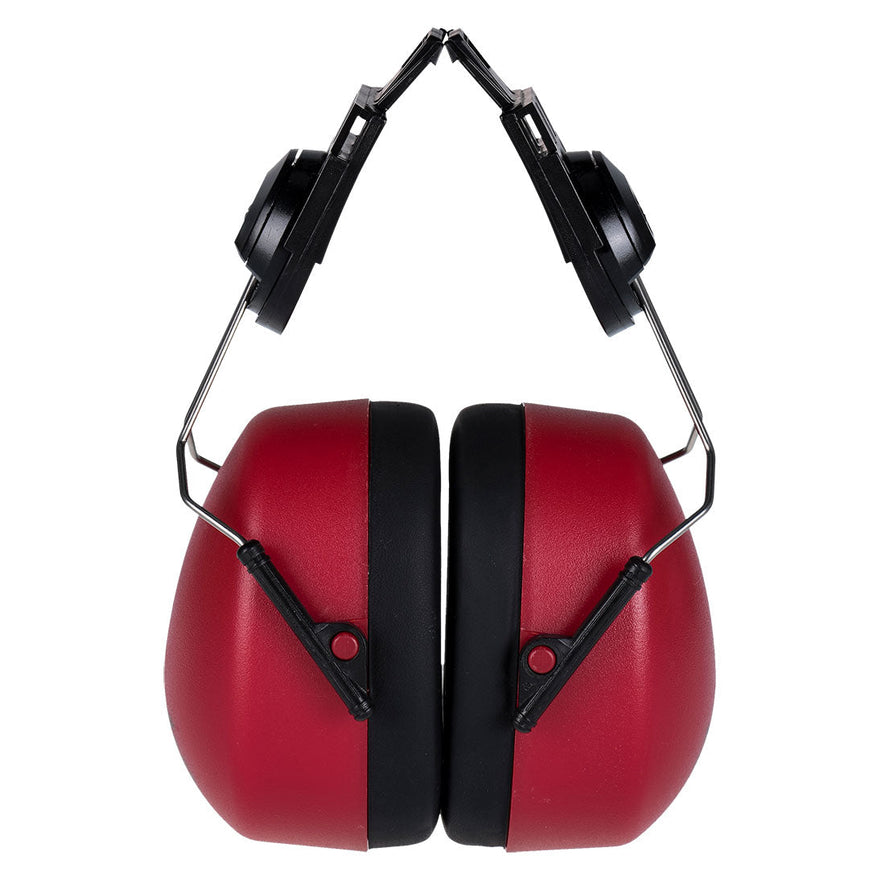 Red clip on ear defender. Used to clip onto hard hats with black clips.