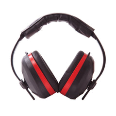 Black ear defenders with red trim, Black headband and ear padding.
