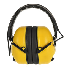 Yellow electronic ear defender. Ear defender has black headband and padding around the ear.