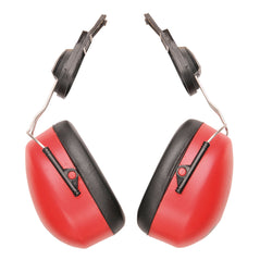 Red clip on ear defender. Used to clip onto hard hats with black clips.
