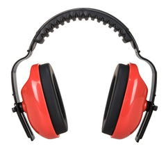Red portwest classic plus ear muff. Ear defender has black cushion padding around the ears and on the headband. Headband is black.