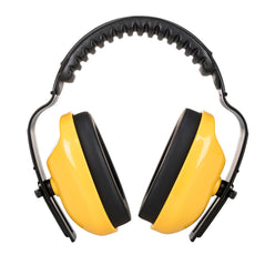 Yellow portwest classic plus ear muff. Ear defender has black cushion padding around the ears and on the headband. Headband is black.