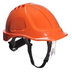 Orange endurance plus hard hat with clear visor. hard hat has black chin straps.