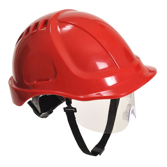 Red endurance plus hard hat with clear visor. hard hat has black chin straps.