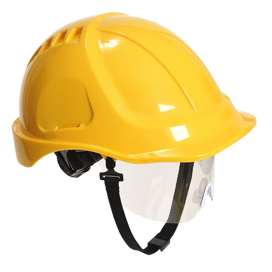 Yellow endurance plus hard hat with clear visor. hard hat has black chin straps.