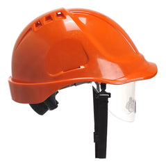 Orange endurance hard hat with clear visor. hard hat has black chin straps.