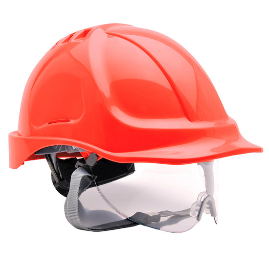 Red endurance hard hat with clear visor. hard hat has black chin straps.
