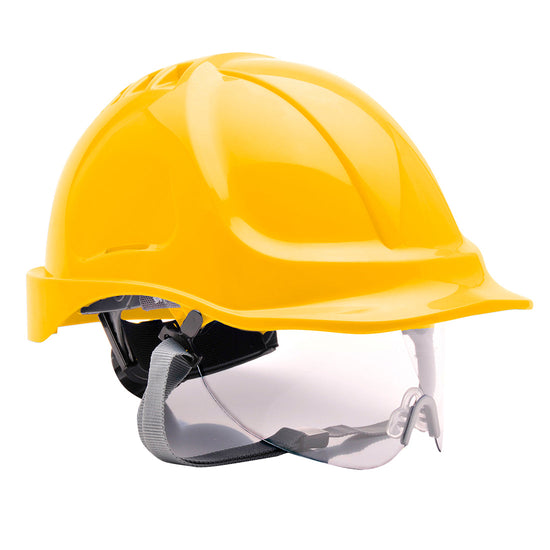 Yellow endurance hard hat with clear visor. hard hat has black chin straps.