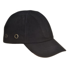 Black Portwest bump cap. Bump cap has a normal sized peak and ventilation holes on the side.