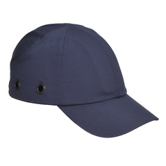 Navy Portwest bump cap. Bump cap has a normal sized peak and ventilation holes on the side.