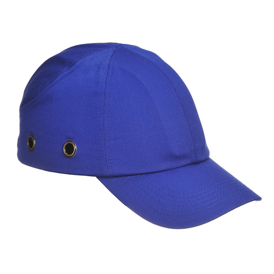 Royal Blue Portwest bump cap. Bump cap has a normal sized peak and ventilation holes on the side.