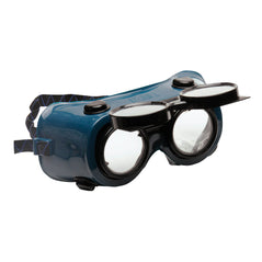 Green gas welding goggle with fold up lens and black marks around the frame. Elasticated headband for support.