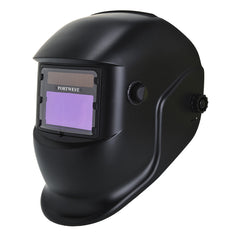 Black BizWeld Plus Welding Helmet with wheel on side, blue screen on front and neck covering.