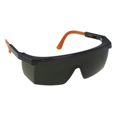 Bottle Green Portwest welding safety spectacles. Specs have bottle green lens, a black frame and orange glasses arms.