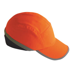 Orange hi vis bump cap with navy panel on the back of the jacket and hi vis strip around the lower of the cap.