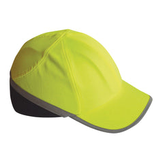 Yellow hi vis bump cap with navy panel on the back of the jacket and hi vis strip around the lower of the cap.