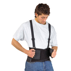 Man wearing black portwest belt braces. Brace has two black shoulder straps.