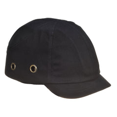 Black portwest short peak bump cap. Bump cap has side holes for ventilation and a short peak front.
