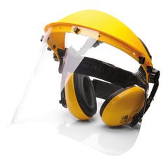 Yellow PPE protection kit. Kit has a yellow visor cap and clear visor, Black head band and yellow and black clip on ear defenders.