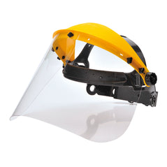 Yellow brow guard with clear visor and black fastening trim.