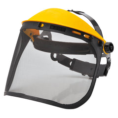 Yellow brow guard with black mesh visor and black fastening trim.