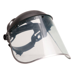 Face shield plus protective visor. Clear with black headboard and headband.