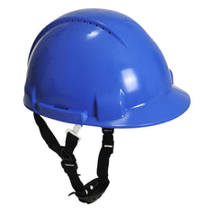 Blue Portwest Monterosa safety helmet. Hard hat has a black chin strap.