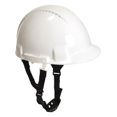 White Portwest Monterosa safety helmet. Hard hat has a black chin strap.