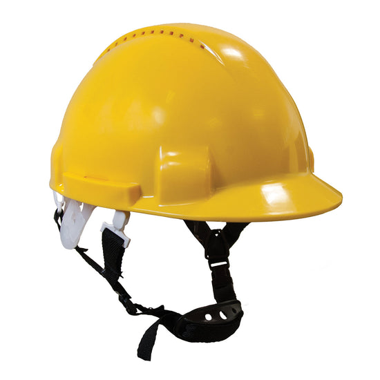 Yellow Portwest Monterosa safety helmet. Hard hat has a black chin strap.