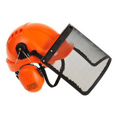 Orange forestry kit with orange ear defenders, Hard hat and clip on mesh visor.