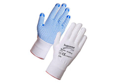 White polka dot gloves with blue pvc polka dots added for grip. Gloves have red elasticated wrist.