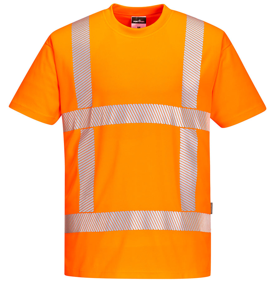 Portwest RWS Hi-Vis crew neck T-Shirt in orange with short sleeves and reflective strips on shoulders and front.