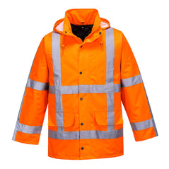Orange Portwest Hi vis RWS Traffic jacket with two hi vis waist bands and shoulder bands. Pop button fasten with waist pockets and visible hood.
