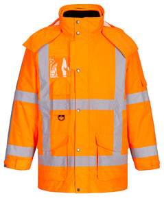 Portwest RWS Hi-Vis 3-in-1 Traffic Jacket in orange with reflective strips on front and arms, pockets on chest and lower body with flaps, ID pockets, shoulder flaps, hood and zip fastening with concealing flap secured by poppers.