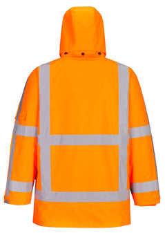 Portwest RWS Hi-Vis 3-in-1 Traffic Jacket in orange with reflective strips on back and arms, hood with black poppers attaching hood to collar.