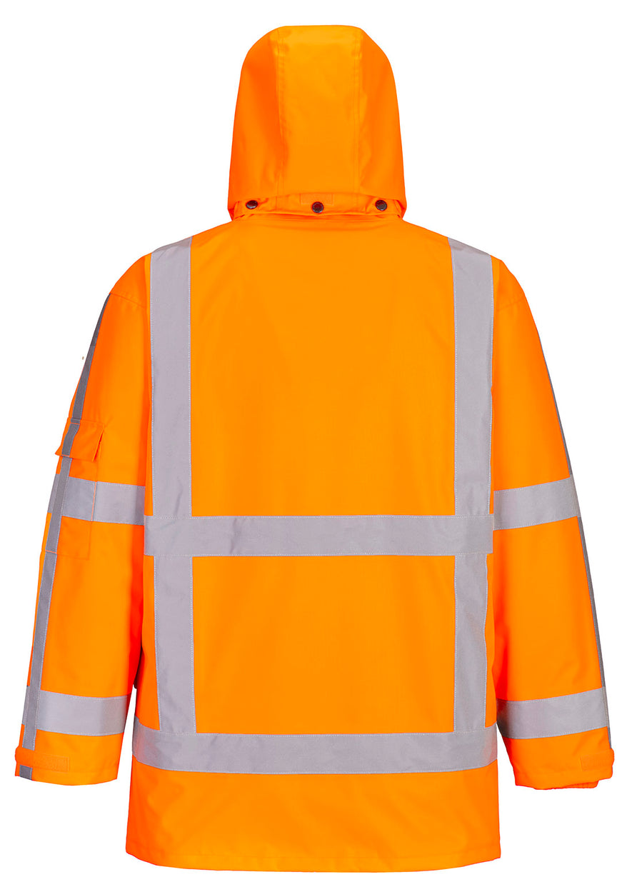 Portwest RWS Hi-Vis 3-in-1 Traffic Jacket in orange with reflective strips on back and arms, hood with black poppers attaching hood to collar. 