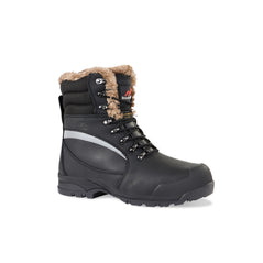 Black Safety Boot with laces, sole, scuff cap, heel cap, high ankle support and stitching and reflective pattern on side. Rock Fall branding on tongue and fur lining on inside of boot.