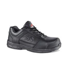 Black Safety trainer with laces, sole, scuff cap and rubber panels on side. Rock Fall branding on side and tongue.