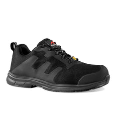 Black Safety trainer with laces, sole, scuff cap and vegan mesh upper and PU panels on side, around laces and scuff cap.