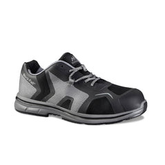 Black Safety Trainer with grey panels on side of sole, side of shoe and inner lining. Grey laces and branding on side.