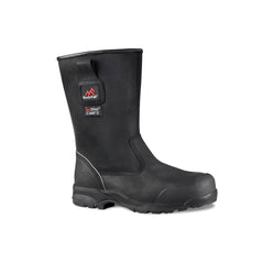 Black Rigger Boot with high ankle, pull on loop on side, black sole and black scuff and heel caps.
