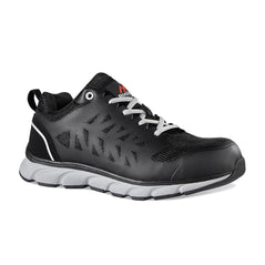 Black Safety Trainer with grey laces and grey panel on side of sole. Black pattern on side of shoe and Rock Fall branding on tongue.