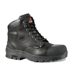 Black Safety Boot with laces, sole, scuff cap, heel cap, ankle support and stitching pattern on side. Rock Fall branding on tongue.