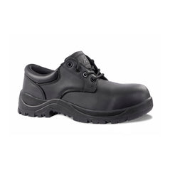 Black Safety Shoe with laces, sole and panels on side.