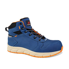 Navy Safety Boot with beige side of sole, orange underneath of sole and orange piping around ankle. Laces and stitched panels on top and side.