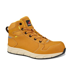 Honey Safety Boot with beige side of sole, black underneath of sole and yellow piping around ankle. Laces and stitched panels on top and side.