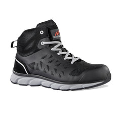 Black Safety Boot with grey laces and grey panel on side of sole. Ankle support, black pattern on side of shoe and Rock Fall branding on tongue.