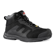 Black Safety boot with laces, sole, scuff cap and mesh upper and PU panels on side, around laces and scuff cap.
