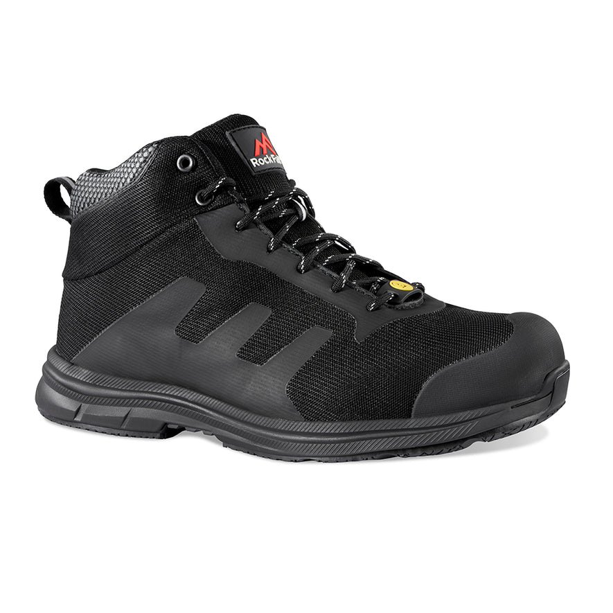 Black Safety boot with laces, sole, scuff cap and mesh upper and PU panels on side, around laces and scuff cap.