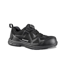 Black Safety trainer with twist fastening, sole, scuff cap and mesh upper and PU panels on side, around laces and scuff cap. Rock Fall branding on side and pull tab on back.